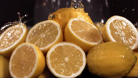 Slow Motion Shot of Lemon and Water Splashing Through Lemon Slices