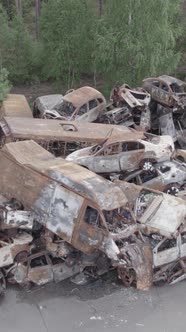 Vertical Video of a Dump of Destroyed Cars During the War in Ukraine