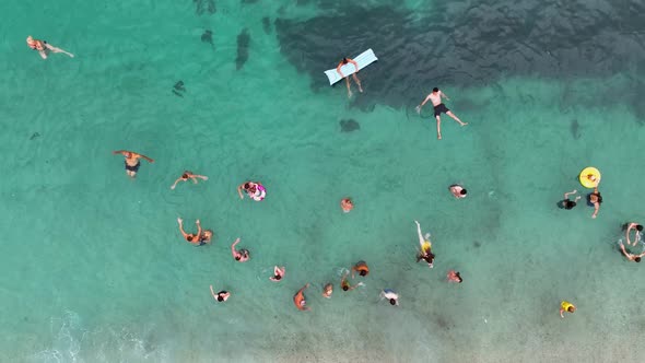 People swim in the azure sea aerial view 4 K Turkey Alanya