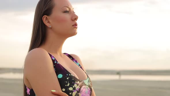 Sensual Woman in Black Bikini Standing and Enjoying Sunshine