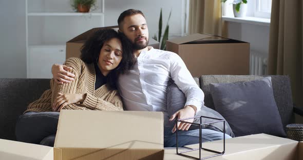 Interracial Couple Curly Beautiful Young Wife and Bearded Attractive Newlyweds Husband Sleeping