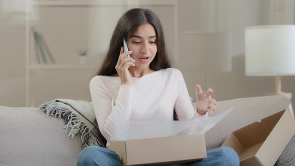 Arab Annoyed Dissatisfied Woman Unpack Box Parcel Buy Fake Order Damage Post Mail From Online