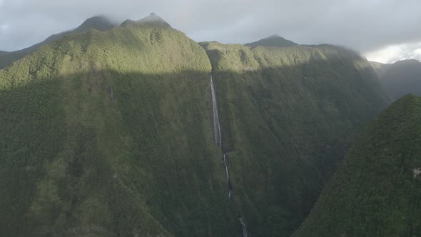 Aerial view of a waterfall (La Cascade Blanche), Saint Benoit, Reunion.