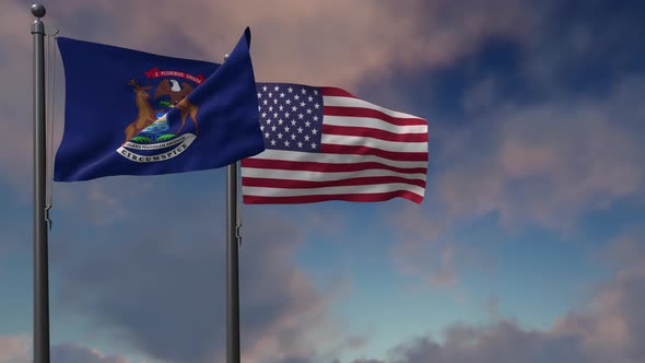Michigan State Flag Waving Along With The National Flag Of The USA - 4K