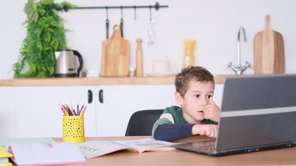 Young Boy Plays on a Laptop or Takes an Online Lesson