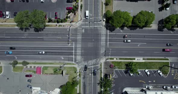 Traffic on intersection in Millcreek, South Salt Lake City, Utah, USA. Transportation scene - drone