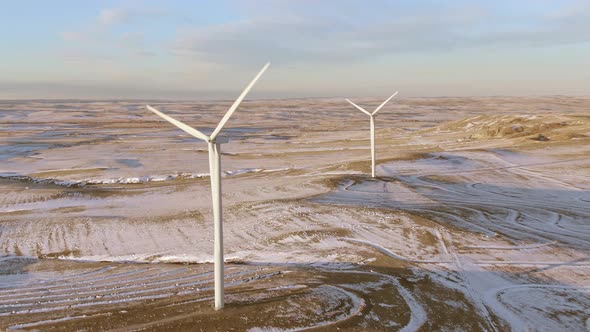 Aerial shots of wind turbines on a cold winter afternoon in Calhan, Colorado