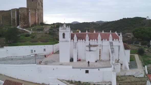 Aerial drone view of Mertola in Alentejo, Portugal at sunset