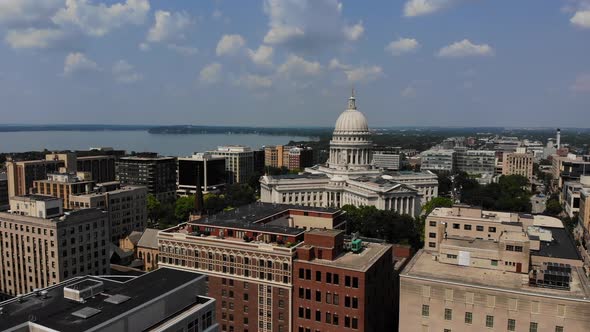 Madison City USA, Wisconsin State Capitol Government Building, Drone Aerial View