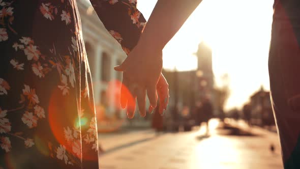 Young Handsome Couple Hands Holding Each Other on City Street