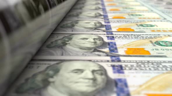 Extreme Close Up View of US Dollars Press Machine Printing 100 USD Banknotes