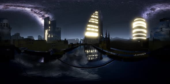 City Skyline at Night Under a Starry Sky. VR360 alt