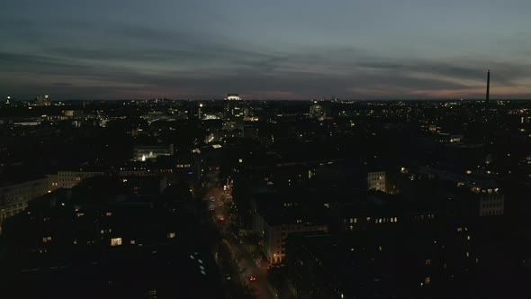 AERIAL View of Empty Berlin Germany Neighbourhood with City Light During COVID 19 Coronavirus