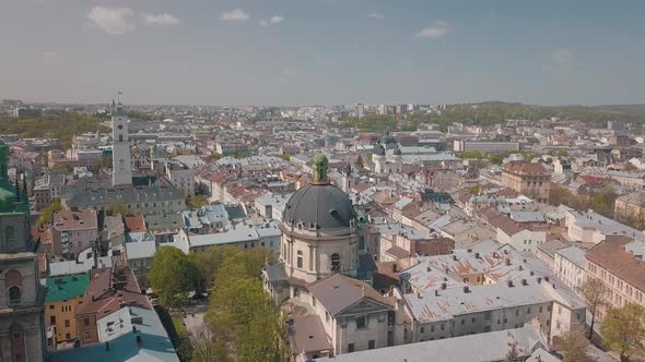 Aerial City Lviv, Ukraine. European City. Popular Areas of the City. Dominican