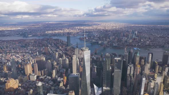 One World Trade Center in Sunny Day. Lower Manhattan Skyline. Aerial View. New York City