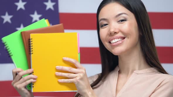 Happy Student Showing Notebooks American Flag Background, University Education