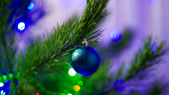 Christmas toys on tree. Close up of decorated Christmas tree