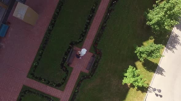 Aerial view the groom kissing his beautiful bride