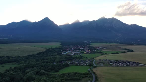 Aerial view of sunset and Tatry mountains in Slovakia