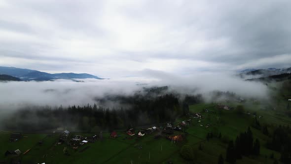 Ukraine, Carpathians: Fog in the Mountains. Aerial.