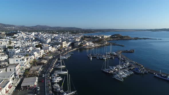 Port of Chora on the island of Naxos in the Cyclades in Greece aerial view