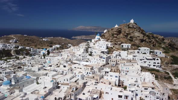 Aerial footage on Chora town, Ios island in Greece