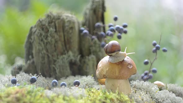 A Large Snail Crawls on a White Mushroom in the Forest