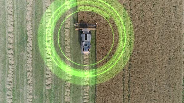 Electric Combine, Harvester Removes Oats, View From Height, Tracking GPS System, HUD, Motion