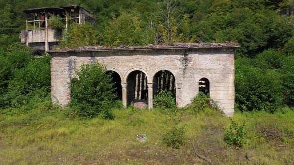 Ruined Lost Overgrown Mining Ghost Town Akarmara Consequences of War in Abkhazia Aerial View From