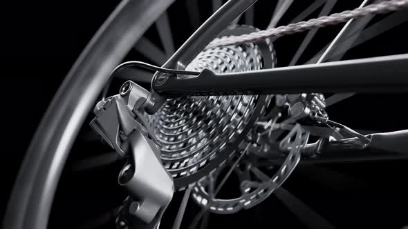 Endless close-up view at the MTB bike wheel while riding. Studio. Chain. 4k HD