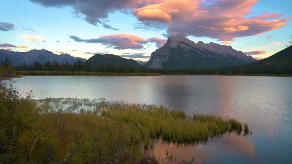 Pan Right of Vermilion Lake at Sunset in Banff National Park Alberta Canada