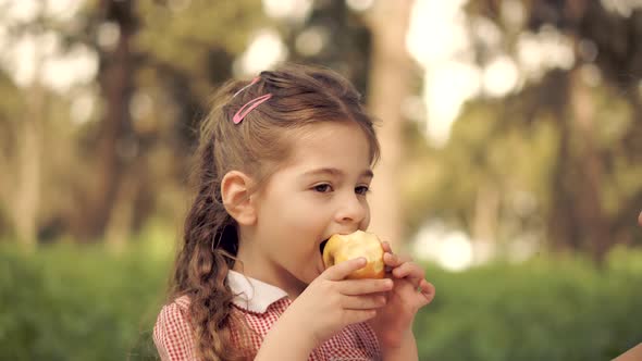 Happy Cute Baby Girl Preschool Eat Fruit In Park. Daughter Kid Eats Healthy Organic And Vegan Food.