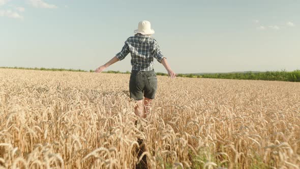 woman runing fun across the wheat field. agriculture dream concept. girl farmer hands to sides runs