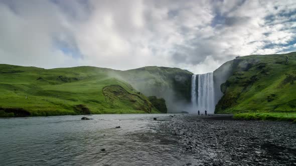 Morning Sky over Waterfall Skogafoss in Icelandic Nature