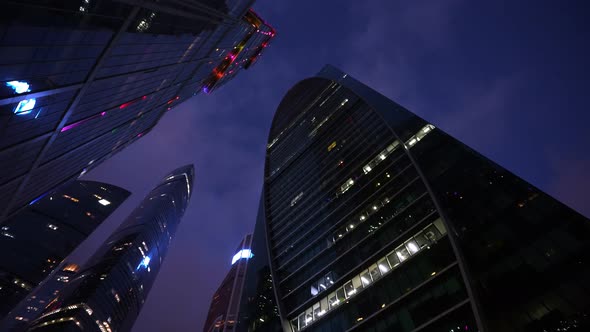 A Huge Business Center of Several Highrise Towers at Night