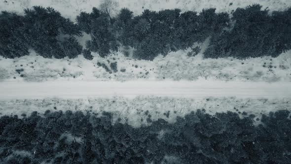 Aerial View From Drone on Car Driving Through Winter Snow Covered Forest