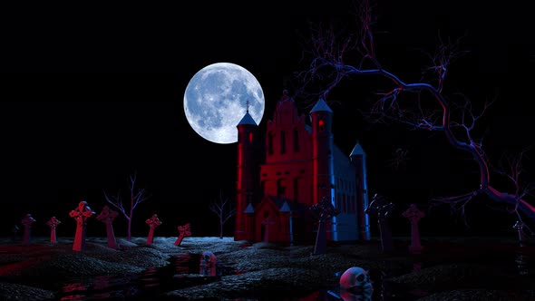 Scary landscape with skulls against the background of the moon and the red church.