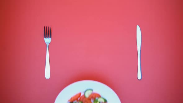 Woman Hand Putting Plate With Vegetable Salad on Table, Vitaminized Appetizer