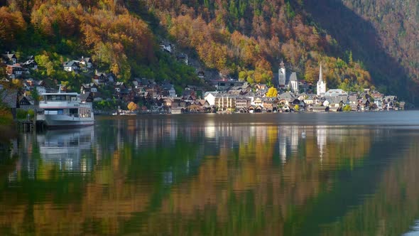 Autumn Fall in Famous Tourist Destination Serene Town Hallstatt in Austrian Mountains Alps