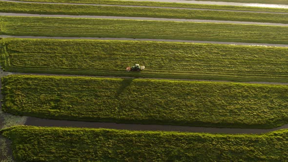 Aerial view of tractor mowing lush green meadow between water canals