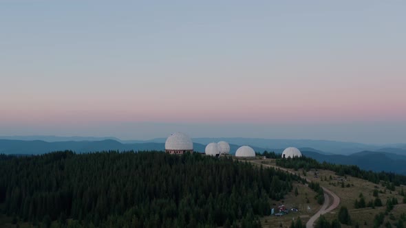 Aerial Drone View, Unusual Architecture Concept. Sunrise Over Uniquely Designed Old Radar Station