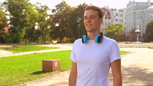 Portrait Attractive Young Man Walks Outdoor