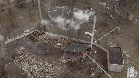 Aerial View The Pipe Of A Small Wood Fired Boiler House