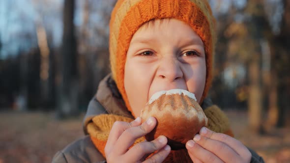 Funny Boy Eating a Sweet Pie in the Autumn Park