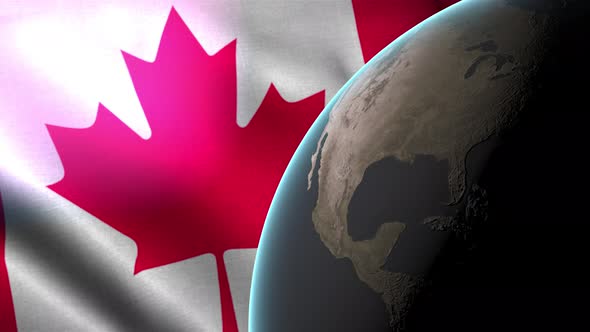 Canadian flag waving behind the earth rotating in space