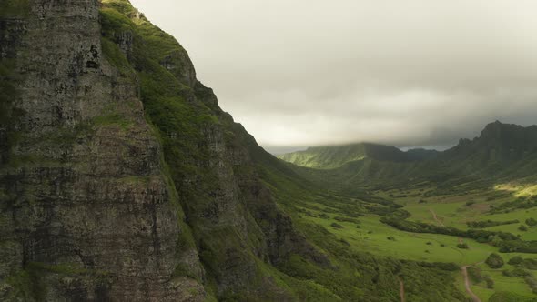 Drone Aerial Cliffside Push onto Kualoa Ranch. Oahu, Hawaii