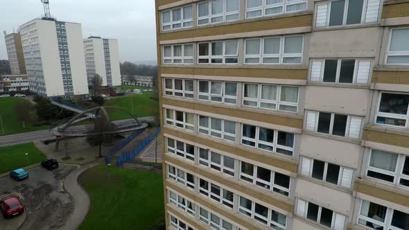 Aerial footage view of high rise tower blocks, flats built in the city of Stoke on Trent to accommod