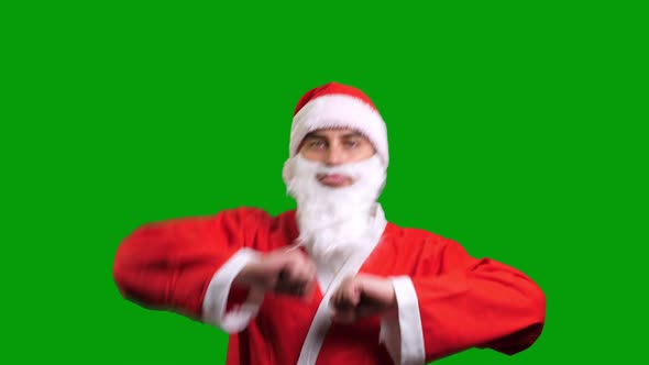 Santa Claus in Red Suit Dancing on Green Chroma Key Background