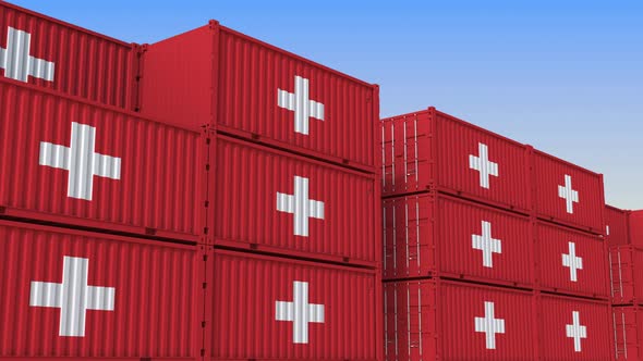 Container Terminal Full of Containers with Flag of Switzerland