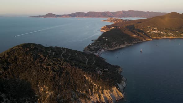 Aerial view of Capo d'Enfola at sunset, Elba Island, Tuscany, Italy.